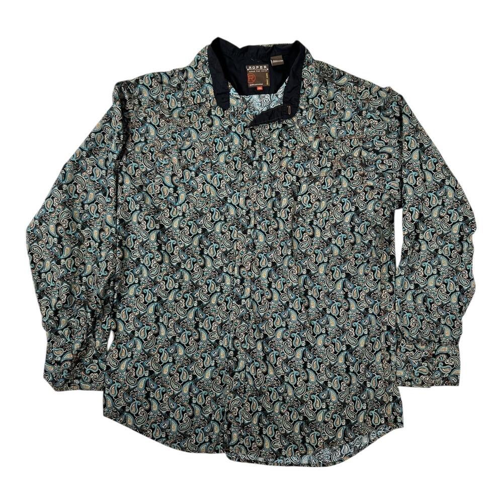 Roper Shirt Mens 2XL Black Paisley Western Snap Front Long Sleeve Casual